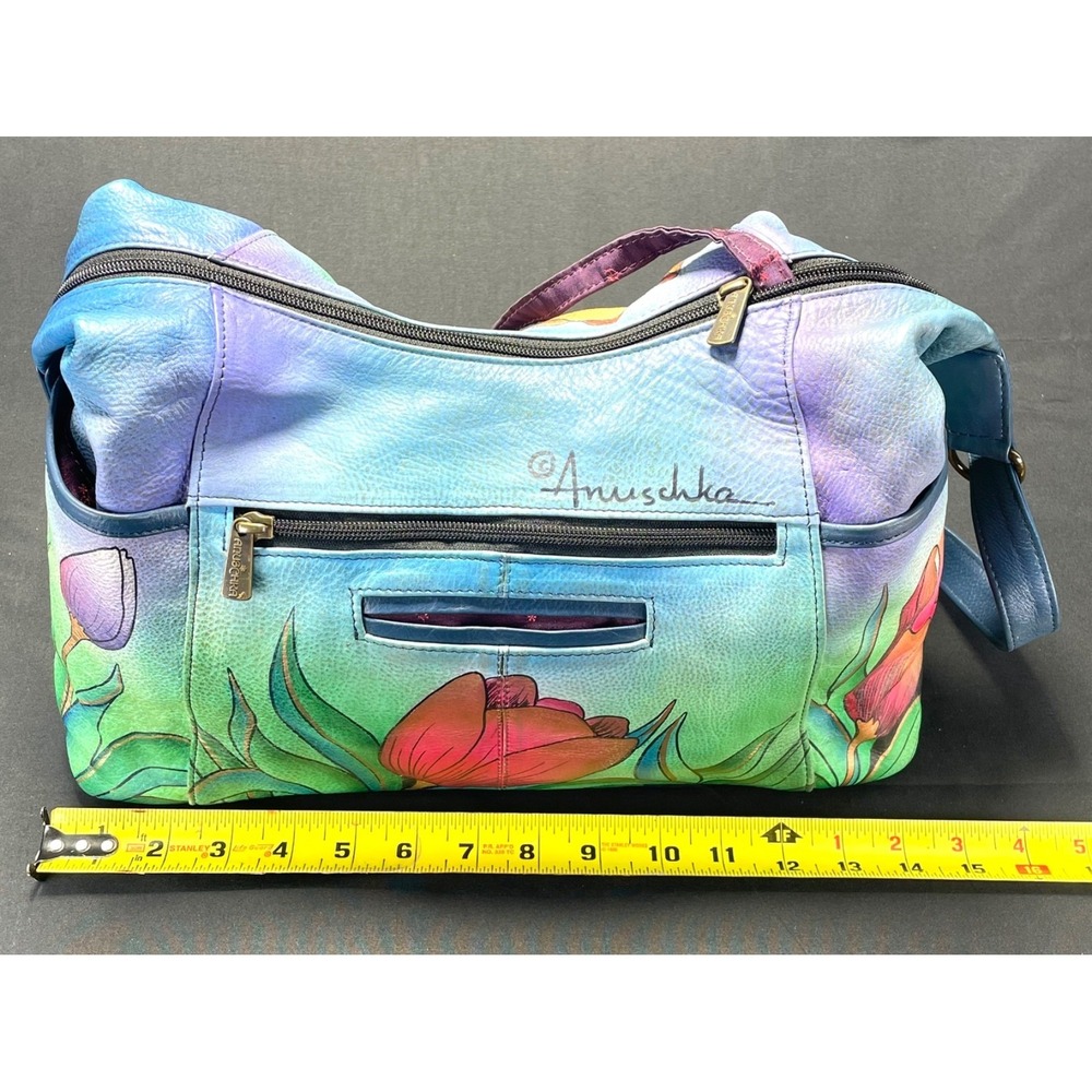 Anuschka Hand Painted Leather Floral Hobo Crossbody Bag Wallet Key Strap - Picture 2 of 9